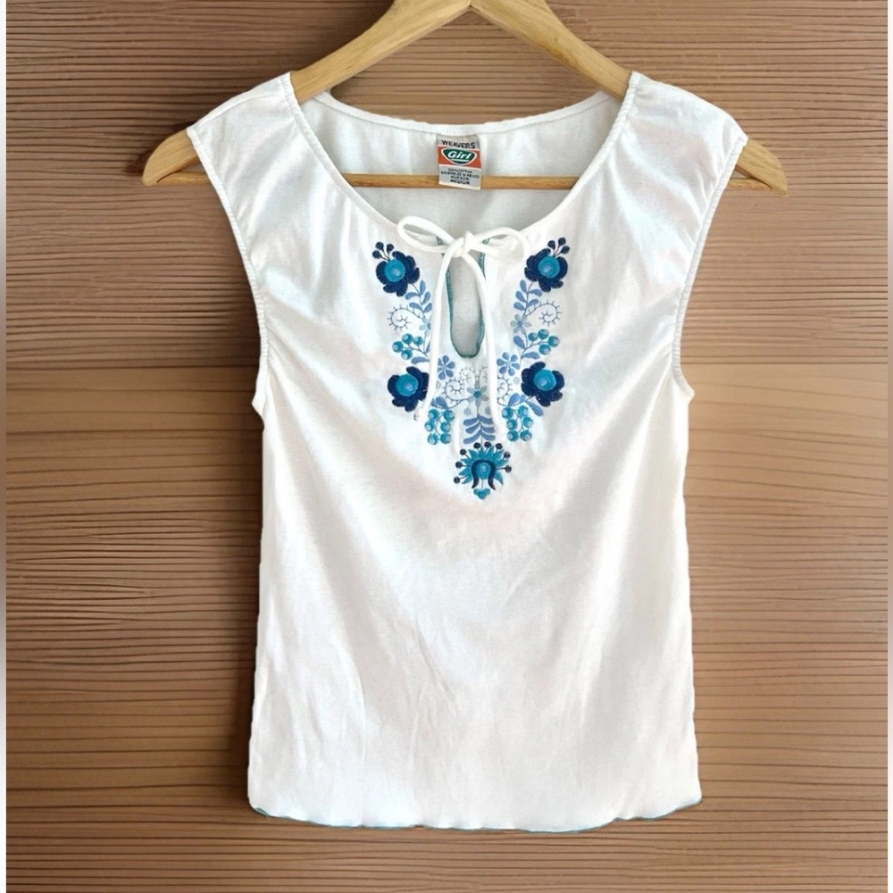 Weavers Girl 2000s Embroidered Blue Floral Bohemian Tie Front White Top Size XS